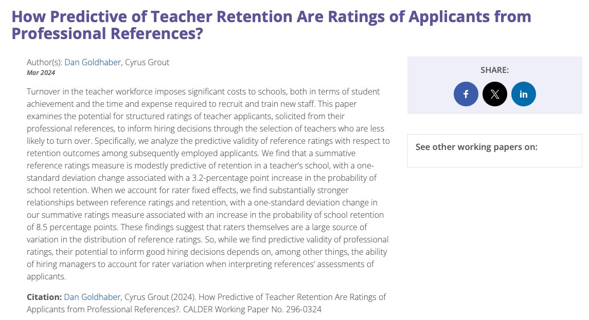 New paper alert! Can teacher retention be improved by making better hires? We explore this in a new @caldercenter working paper that assesses the degree to which a survey of applicants' references is predictive of later teacher attrition: caldercenter.org/publications/h… 1/n