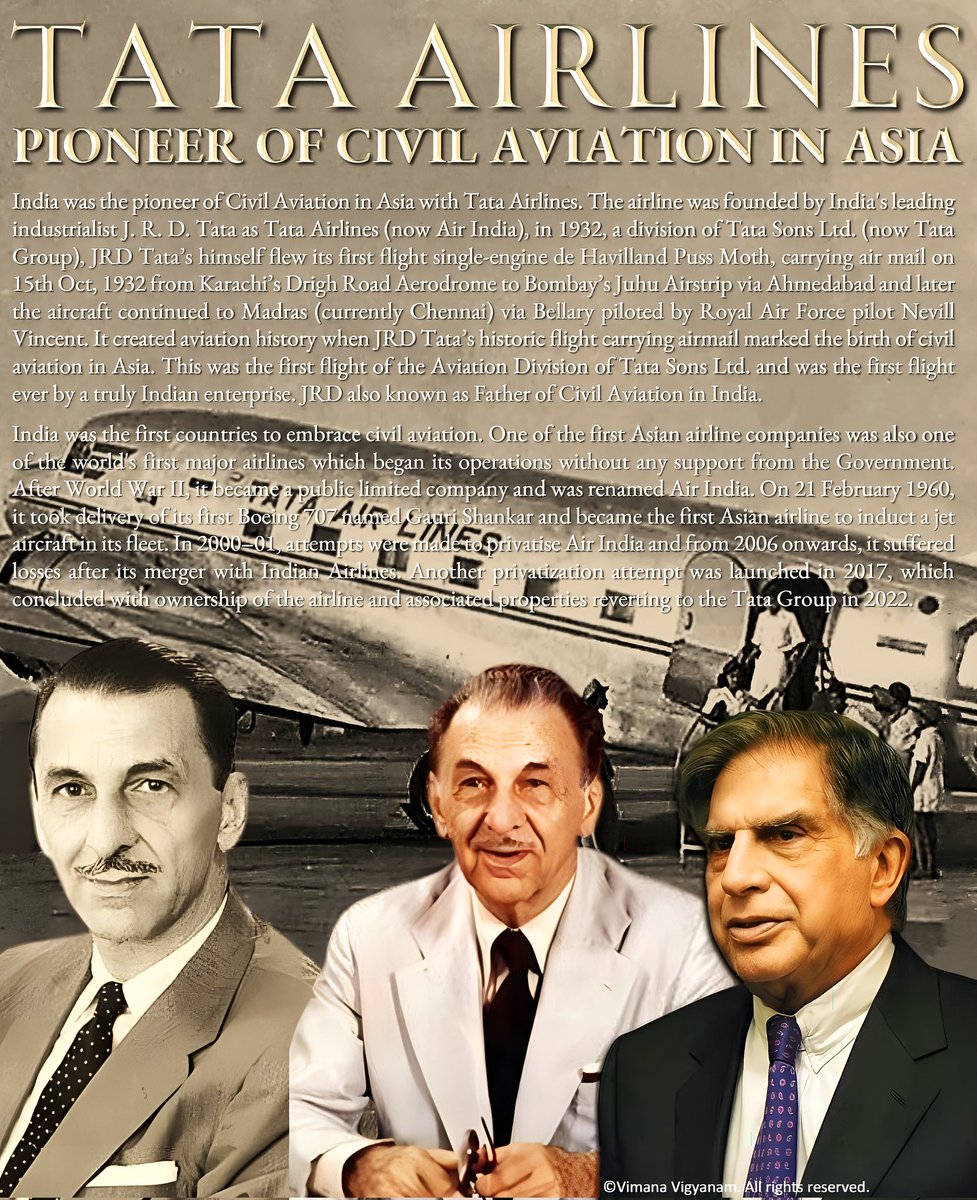 Tata Airlines was the Pioneer of Civil Aviation in Asia founded by JRD Tata on 15th October 1932.