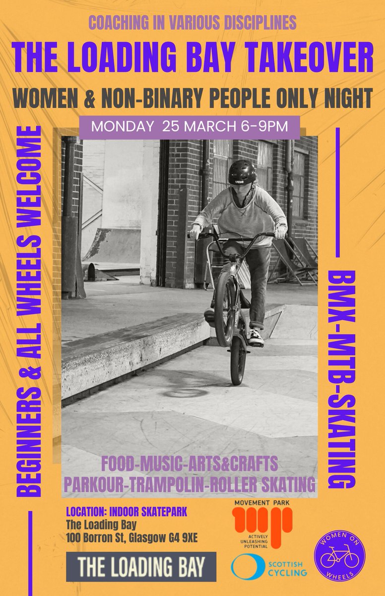 Not long before women, girls and non-binary people take over The Loading Bay Skatepark! The first event of its kind. The huge sign up speaks for itself - women are keen to take part if given the right conditions #inclusion #RepresentationMatters @ScottishCycling @MovementPark813