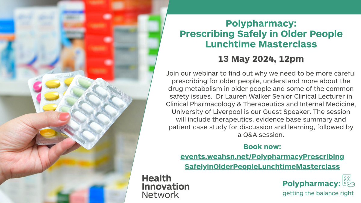 Join @HealthInnovNet Prescribing Safely in Older People lunchtime masterclass register here events.weahsn.net/PolypharmacyPr… @rcgp @rpharms @TonyAvery1 @wasimbaqir @clarehm123 @AuralApothecary @PharmRJ @PrescQIPP