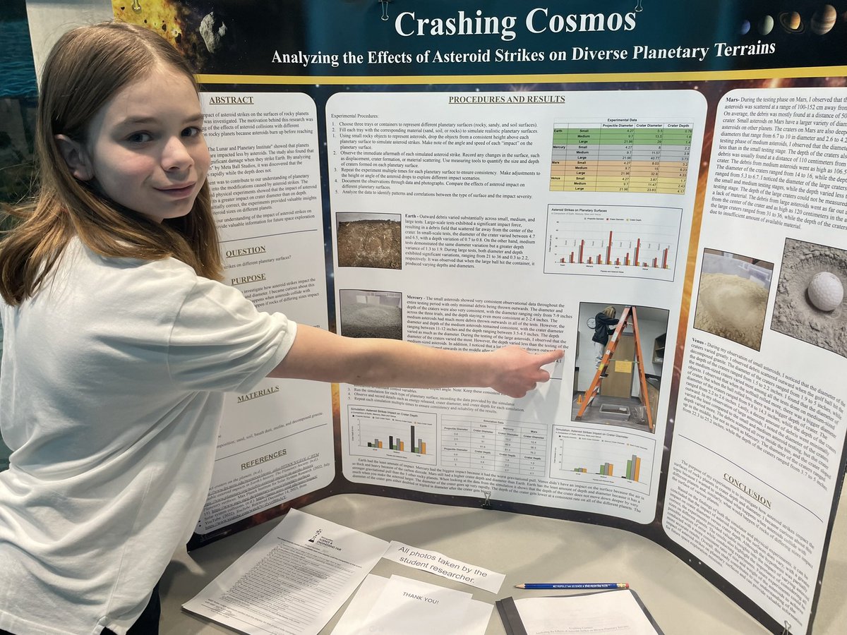 Junior division #studentscientist Cameron Mellon of @BPSF92 researched how asteroid impact affects planetary surfaces. He likes history & scienc. He thinks it’s cool that you can look at the history of a planet🪐 through science! #Astronomy #MSEF24