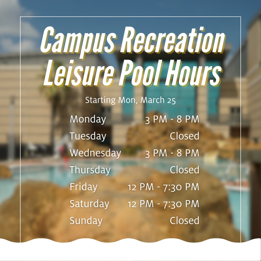 uhrecreation's tweet photo. Exciting news! Warmer weather is just around the corner and we're happy to announce our Outdoor Leisure Pool hours and Climbing Wall hours! Starting today, you can choose land or water (or both) for your recreation. ππΏββοΈπ§πΏββοΈ #UHRec #GoCoogs #StrengtheningThePride https://t.co/y8rUNGbdPx
