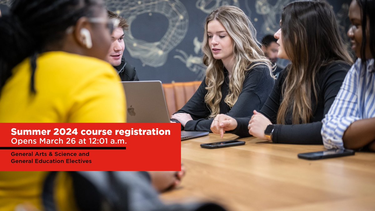 Course registration for summer 2024 opens March 26 at 12:01 a.m. Review your options now and be ready to register at midnight. General Arts and Science: bit.ly/43AewDS General Education electives bit.ly/4aqw9Z3