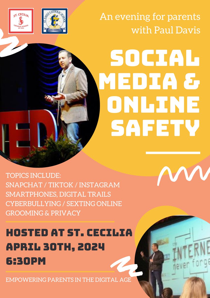 Join us on April 30th for an informative evening with Social Networking Safety speaker, Paul Davis! Please register using this google form as spaces are limited! docs.google.com/forms/d/e/1FAI… @StCeciliaOCSB @StEmilyOCSB