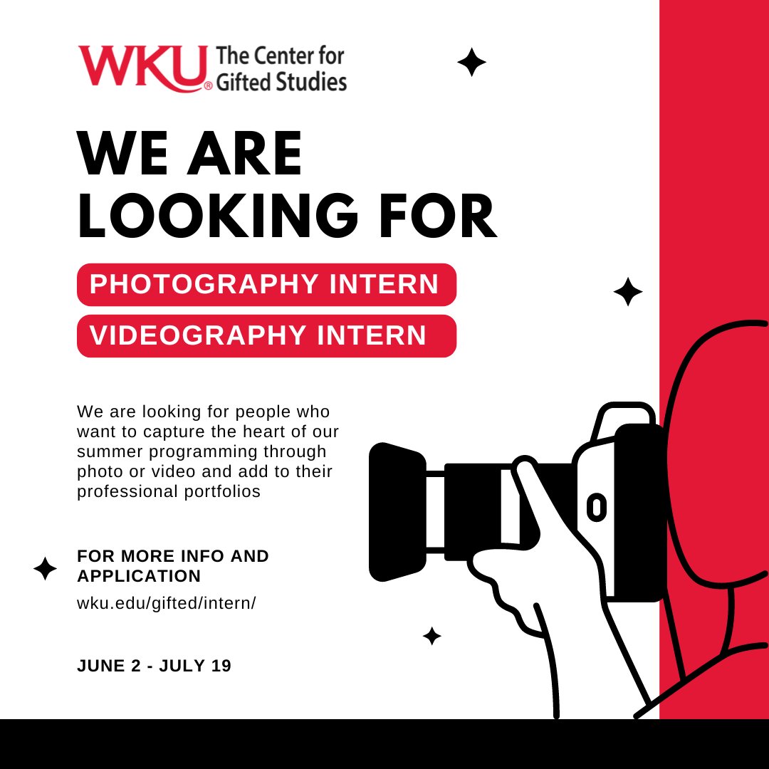 Applications are open for our summer photography and videography internships! These roles will capture the heart of our summer programming and will provide professional pieces for portfolios. If you have questions, please reach out! Apply Here: buff.ly/4blKFCE @wku