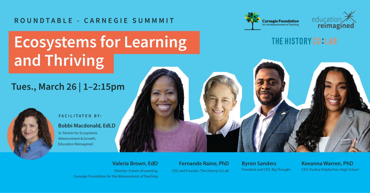 Join us tomorrow at #CarnegieSummit24 to discuss how learner-centered ecosystems could be brought to the forefront of education to help young people thrive. The roundtable will take place on Tuesday, March 26 at 1pm PT. carnegiefoundation.org/carnegie-summi…