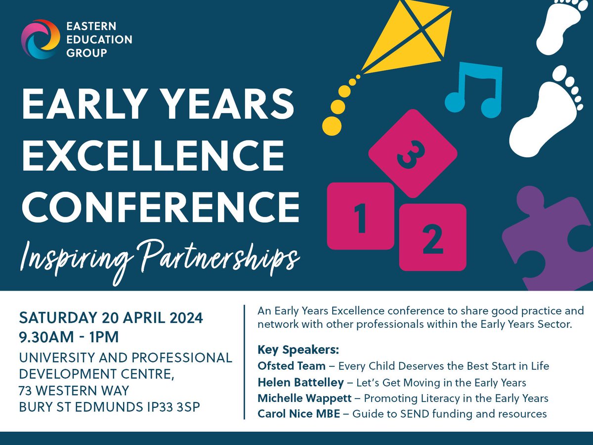 Eastern Education Group are proud to be hosting an Early Years Excellence Conference on Saturday 20 April, 9:30am to 1:00pm. Open to Early Years professionals at all levels, register for this FREE event here: eventbrite.co.uk/e/early-years-…