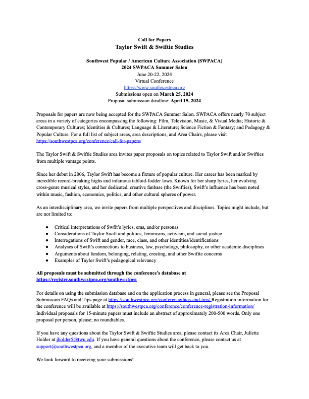 Juliette Holder (@julietteeholder) on Twitter photo I'm excited to say that the Taylor Swift & Swiftie Studies area of <a href="/southwestpca/">Southwest PCA</a> is now accepting proposals for the 2024 Summer Salon, which will be held online. Full #cfp below. I hope my <a href="/swiftposium/">Swiftposium</a> friends will consider submitting and sharing! I'm excited to say that the Taylor Swift & Swiftie Studies area of <a href="/southwestpca/">Southwest PCA</a> is now accepting proposals for the 2024 Summer Salon, which will be held online. Full #cfp below. I hope my <a href="/swiftposium/">Swiftposium</a> friends will consider submitting and sharing!
