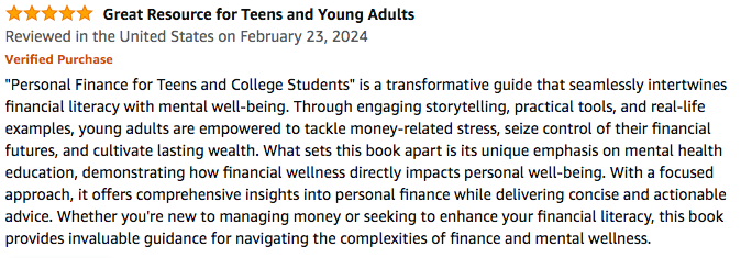 "'Personal Finance for Teens and College Students' is a transformative guide that seamlessly intertwines financial literacy with mental well-being."  Listen to a sample here: amazon.com/dp/B0CQPMLBJH/