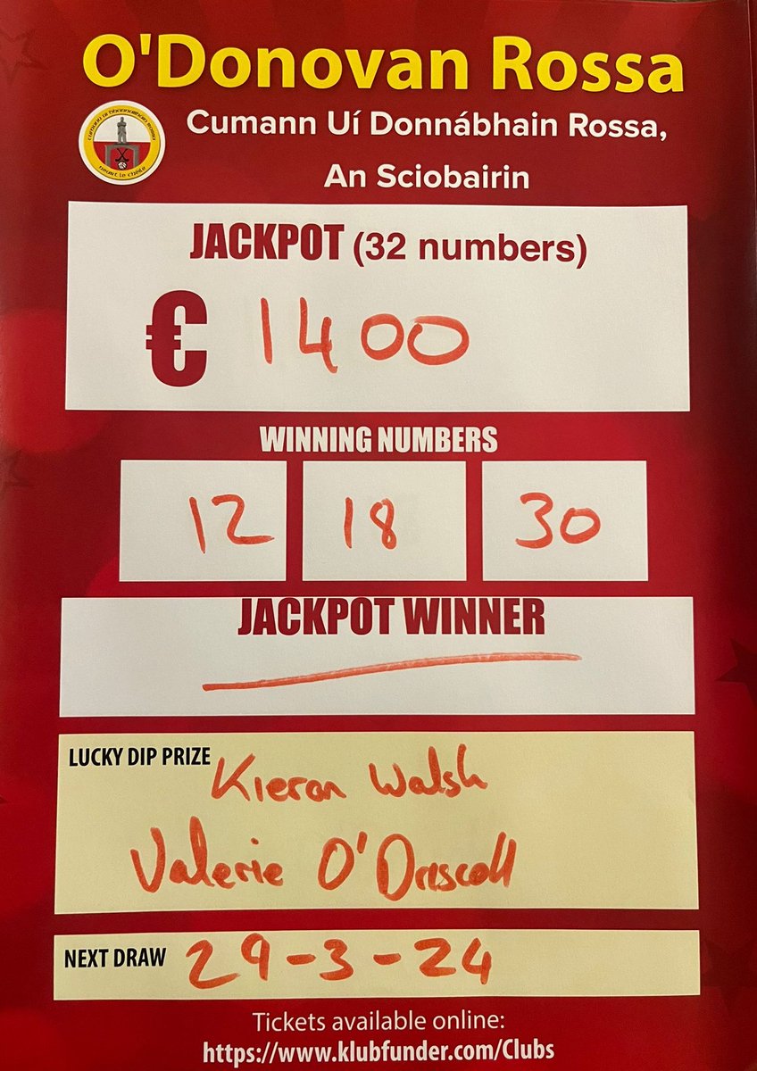 O'Donovan Rossa GAA Lotto Results for 22/03/2024: Next draw taking place Friday 29th of March. Tickets available in the usual local outlets or you can play online now: klubfunder.com/Clubs/O_Donova…