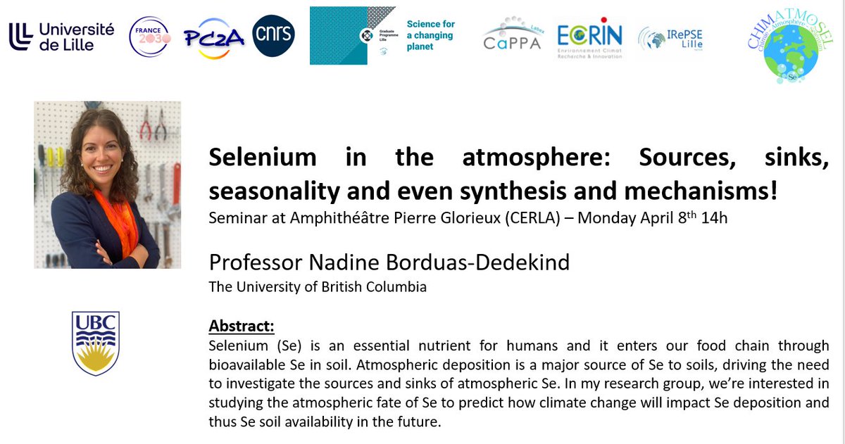 📢Seminar announcement #selenium #atmoschem @nadineborduas @UBC @gradSCPLille @RechercheUlille @inter_univlille @FR2030_ULille @PC2A_umr8522 @CNRS_HdF @labexcappa @CperEcrin 🇨🇦🇫🇷 @ConsulatFRAVan @franceaucanada