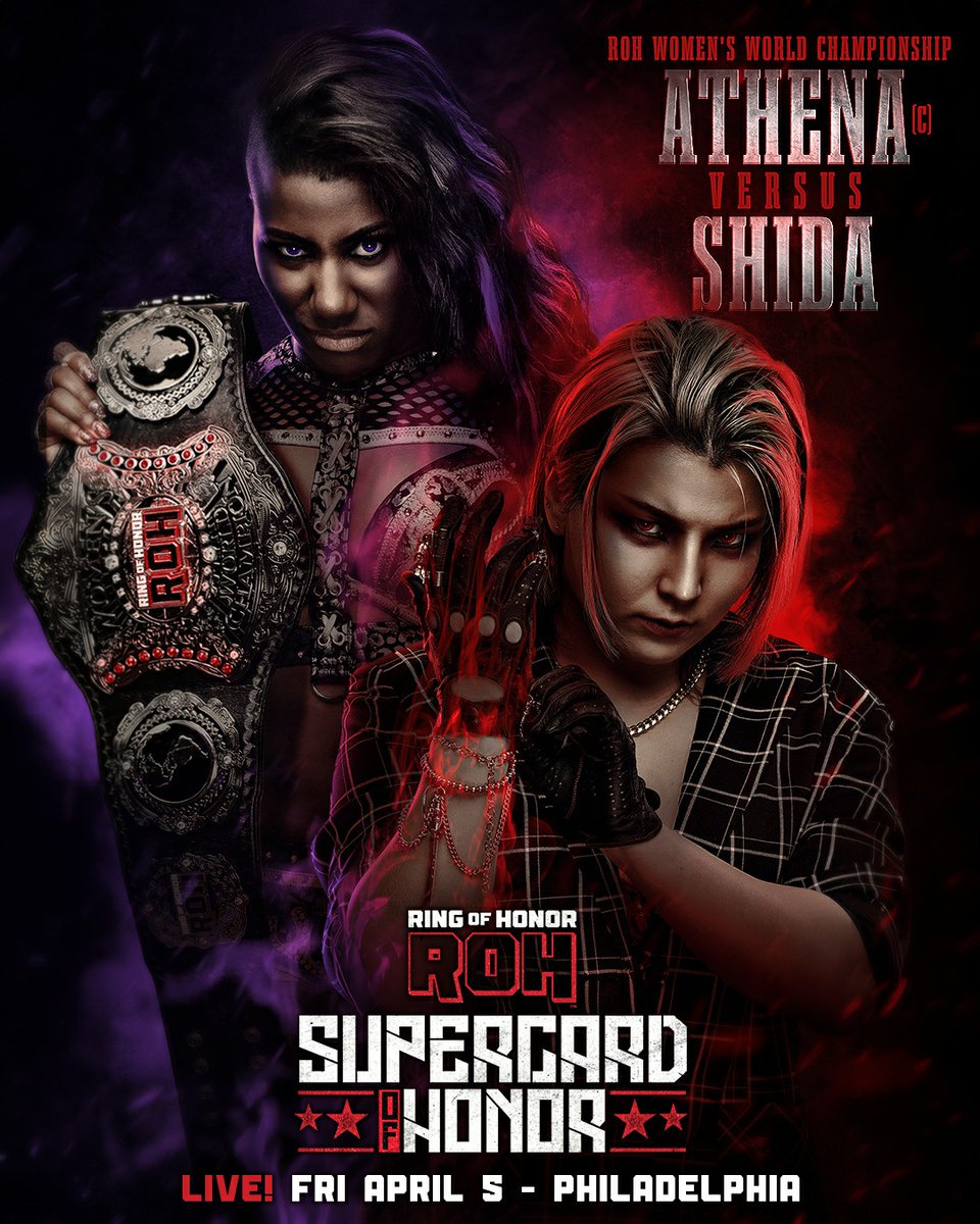 ringofhonor's tweet image. #ROH Women's World Title
@shidahikaru vs. @AthenaPalmer_FG (c)

Former 3-time #AEW Women's World Champ Hikaru Shida takes on the longest reigning #ROH Women's World Champ Athena!

FRIDAY April 5th
Philadelphia, PA | @LiacourasCenter
#ROHSupercardOfHonor
ROHTIX.com