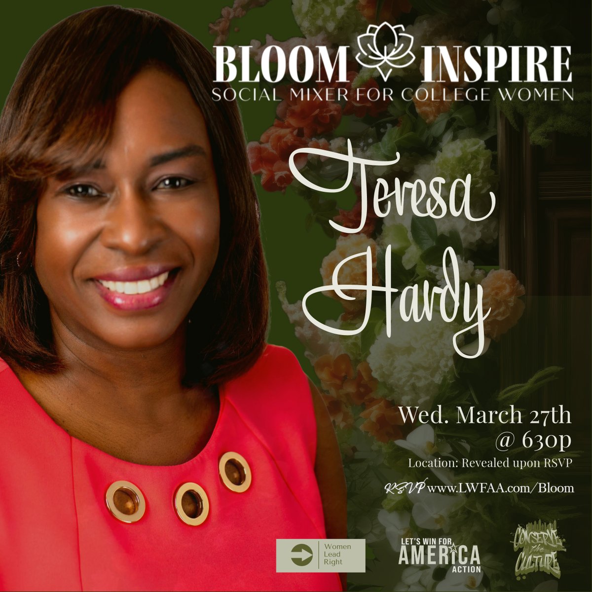 ⭐ Speaker Spotlight..Meet Teresa Hardy

Bloom &amp; Inspire Social Networking Mixer for college age and young professional women!
🌸 March 27th
💐 630p
🌹 RSVP for location details: lwfaa.com/bloom
-----------
Teresa is an experienced Executive Manager with over 20+ years in