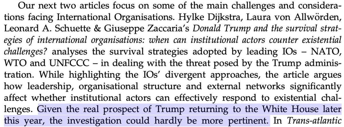 Article on 'Donald Trump and the survival strategies of international organisations' @LvAllwoerden @LeoSchuette @ZACCARIA_GF has been assigned an issue @CambridgeCRIA It comes with a cheerful editorial 👇 Article is #OpenAccess and available here: tandfonline.com/doi/full/10.10…