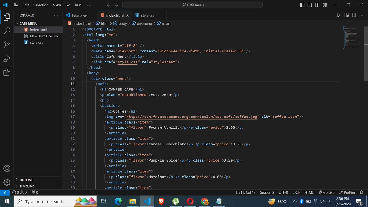 SyntaxSam405's tweet image. Day 06 &amp;amp; 07 of my Coding journey. Diving deeper into CSS! 🎨. Learned some new properties and put them into action by building a cafe menu. 
Excited to see my progress as I continue to refine my skills ! 💻 

#100DaysOfCode 
#CSS 
#WebDevelopment
