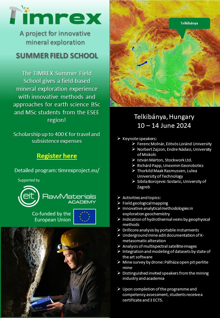 📢TIMREX SUMMER SCHOOL 2024!
A field-based #MineralExploration experience for students, introducing innovative exploration techniques and approaches, using the example of a low sulphidation hydrothermal ore deposit!
Learn more at tinyurl.com/4h8whxe6