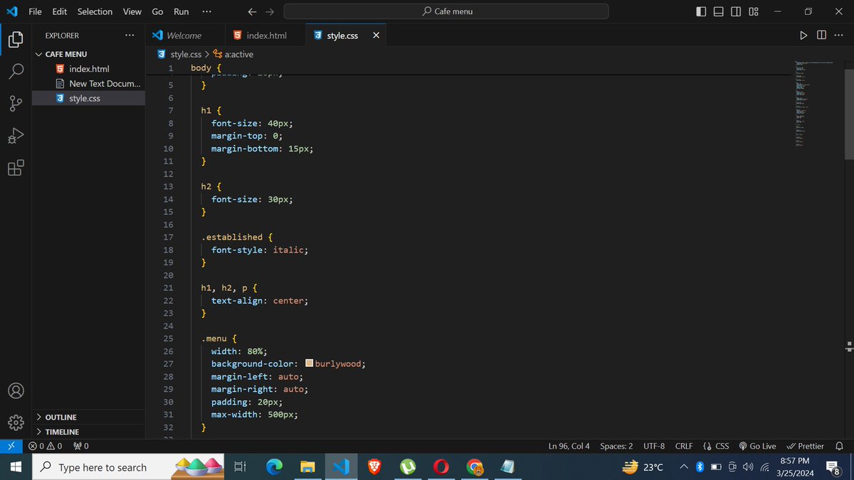 SyntaxSam405's tweet image. Day 06 &amp;amp; 07 of my Coding journey. Diving deeper into CSS! 🎨. Learned some new properties and put them into action by building a cafe menu. 
Excited to see my progress as I continue to refine my skills ! 💻 

#100DaysOfCode 
#CSS 
#WebDevelopment
