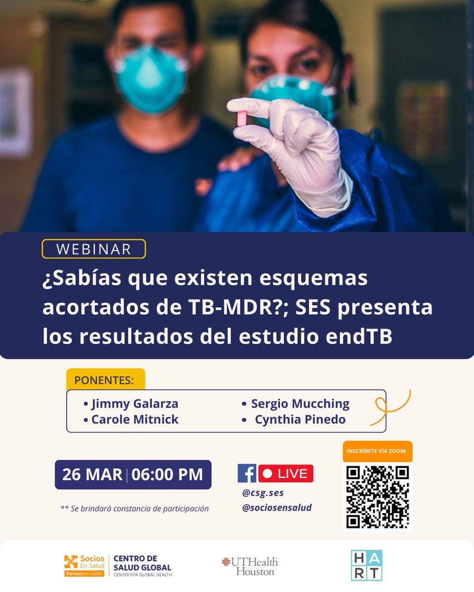 🔸🔹Este 26 de marzo conoce la participación y resultados de @SociosEnSalud en una investigación clínica sobre tratamiento acortado para TB MDR en Perú por los últimos 6 años y este estudio es conocido como endTB. 🔗 bit.ly/3x3C7AJ @UTHealthHouston #Tuberculosis