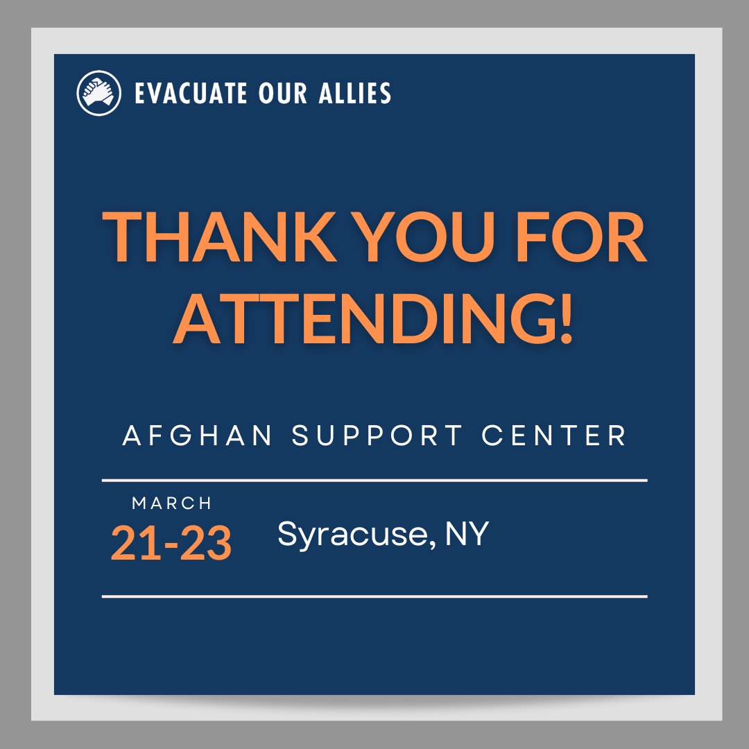 Thank you to those who attended and supported the Afghan Support Center in Syracuse, NY. See you at the next Afghan Support Center in Buffalo, NY (Mar. 27 - Mar. 30). @USCIS, @StateDept, @State_SCA, @HHSGov ORR, @CivilRights, @SocialSecurity.
