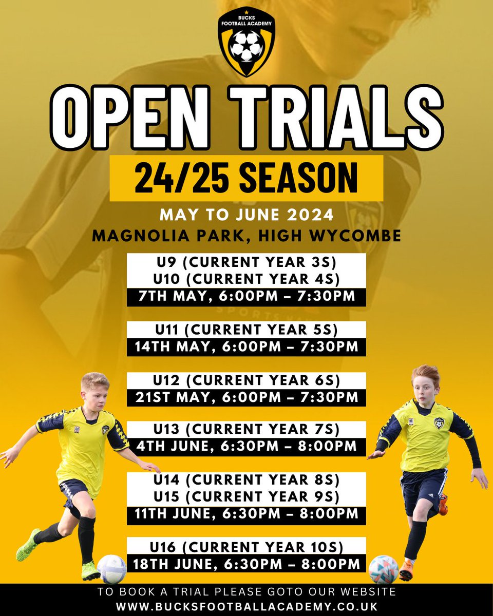 🚨 OPEN TRIALS 🚨 
Bucks Football Academy is excited to unveil our Open Trials for the 24/25 season and they are scheduled to take place between May and June 2024.  

To book a trial or for more info, please go to our website. bucksfootballacademy.co.uk