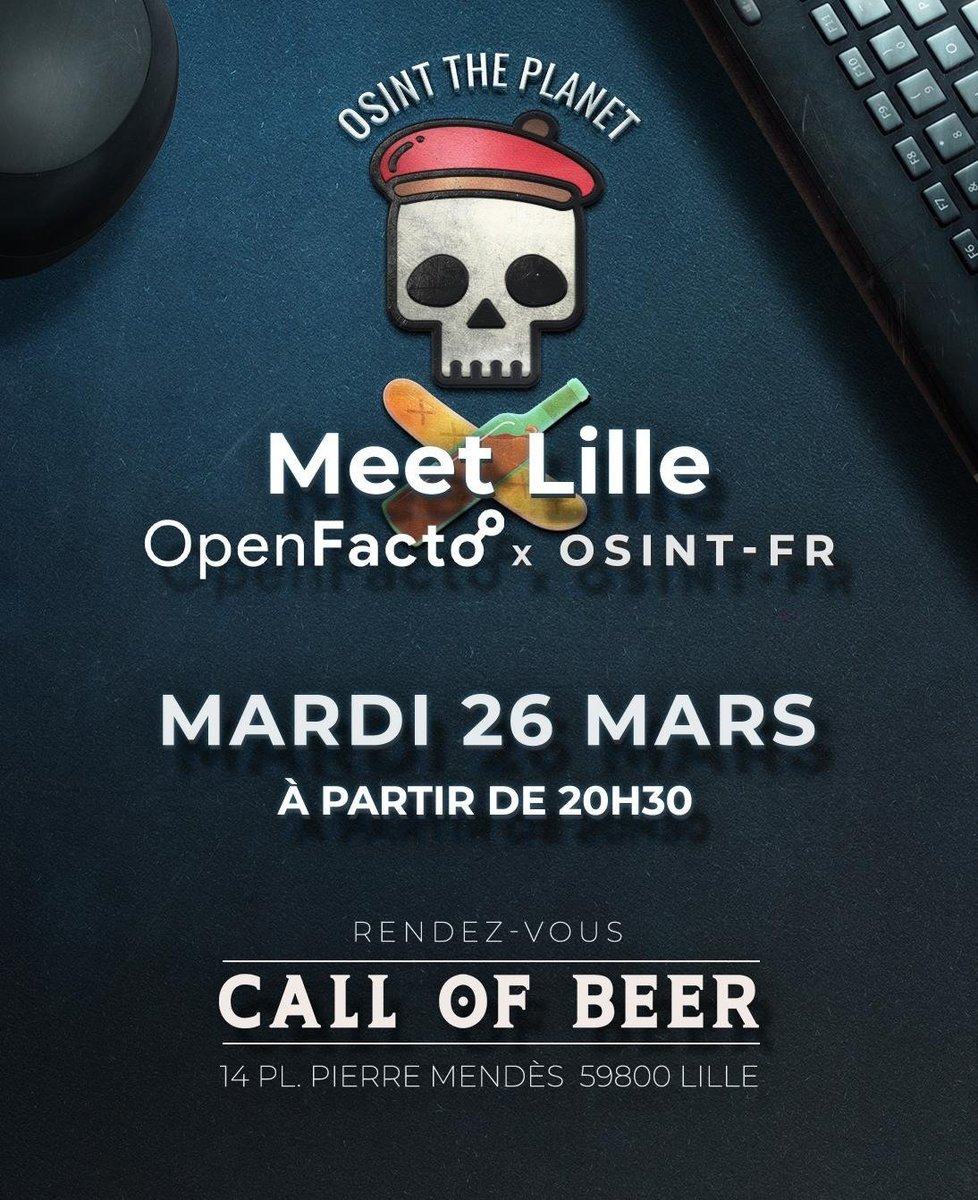 🚨 RENCONTRE : Le club #OSINT et #Veille de l'AEGE sera présent à l'After'OSINT organisé par OSINTFR et OpenFacto, le mardi 26 mars, à partir de 20 h 30, au Call of beer, 14 place Pierre Mendès France à Lille Venez nous rencontrer nombreux ! 👉 framadate.org/Ntn4fhC53QBG8g…