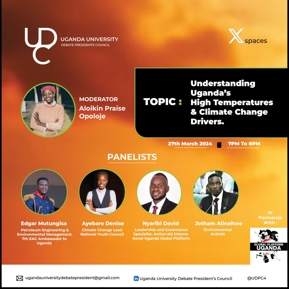 🌍 Join us on 27th March 2023, 7-8pm EAT for discussion on #Uganda's climate challenges! Learn about rising temperatures, Let's build a resilient future together! x.com/i/spaces/1vAxR… @AloikinOpoloje @nyaribi @ReginaAkullu @AyebareDenise @mutungisaedgar1 @global_uganda
