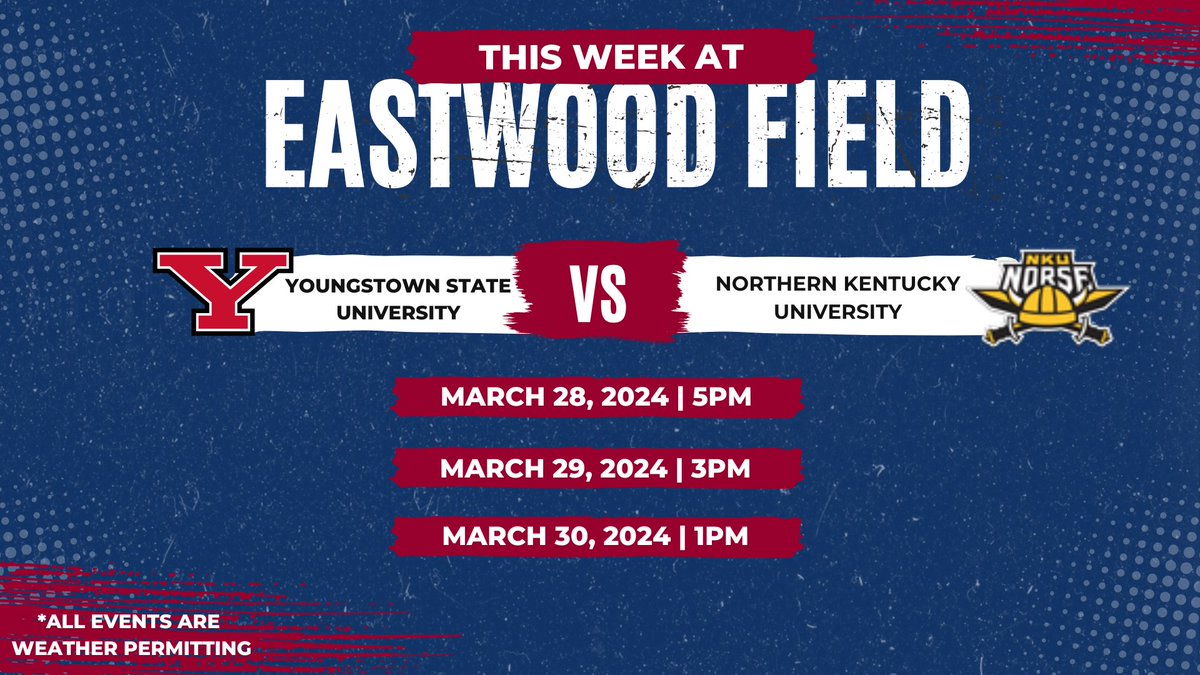 ⚾𝙏𝙝𝙞𝙨 𝙒𝙚𝙚𝙠 𝘼𝙩 𝙀𝙖𝙨𝙩𝙬𝙤𝙤𝙙 𝙁𝙞𝙚𝙡𝙙: @YSUBaseball takes on @NKUNorseBSB on Thursday at 5pm, Friday at 3pm and Saturday at 1pm. Concessions will be open and tickets are available day of at the A to Z Main Gates.