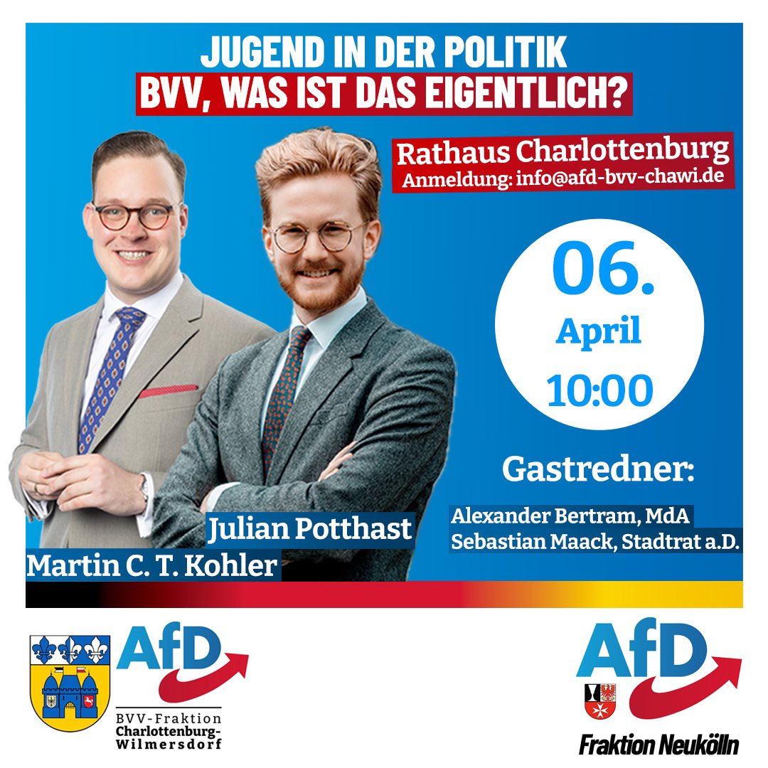 ++ Einladung ++

Die Fraktionen der #AfD in der BVV #Neukölln und Charlottenburg-Wilmersdorf laden ein zum 1. gemeinsamen Fraktionsdialog ins Rathaus #Charlottenburg. 
Neben spannenden Themen rund um die Kommunalpolitik im Allgemeinen und die Rolle der Jugend dürfen wir auch…