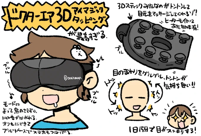 最近買って一番良かったアイテム…ドクターエアの3Dアイマジックタッピング。目が疲れてショボショボしていたのがスッキリ回復するすごいマシン。ちょっとお高いけどコレは良いものだぜ…エステモードもあるので続けてたら目がパッチリかもしれない 