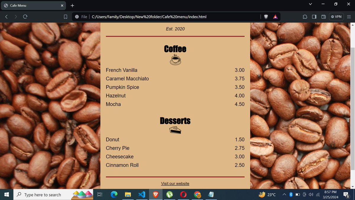 SyntaxSam405's tweet image. Day 06 &amp;amp; 07 of my Coding journey. Diving deeper into CSS! 🎨. Learned some new properties and put them into action by building a cafe menu. 
Excited to see my progress as I continue to refine my skills ! 💻 

#100DaysOfCode 
#CSS 
#WebDevelopment