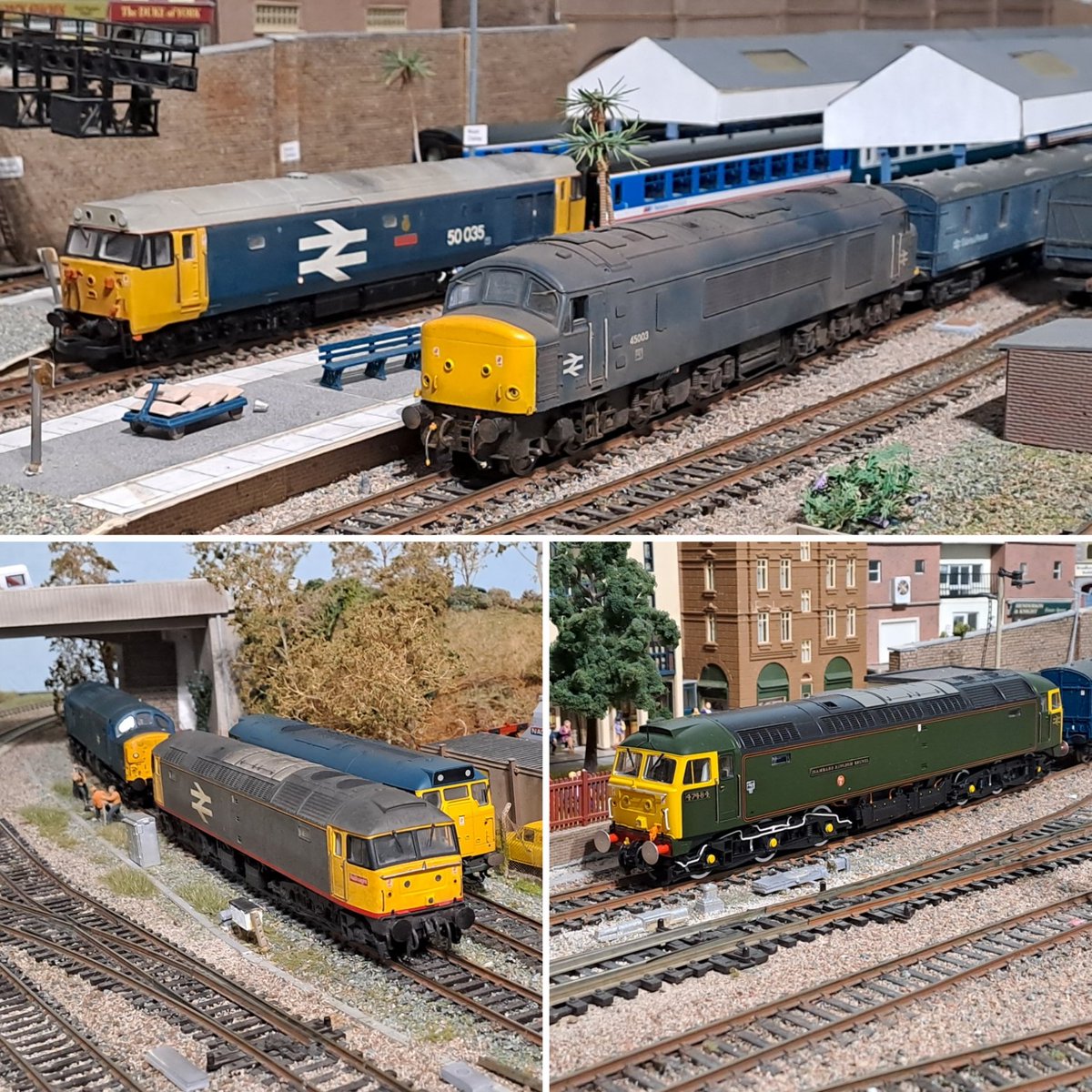 CraigMunday1's tweet image. Missed the second day of the #TwitterModelTrainShow so here&apos;s the next day. #TMRGUK The holding sidings are full of locos ready for outbound freights 31174/37049 and 47340. 47484 is pristine in the loco spur and a peak and class 50 wait with departures @railexpress @modelrailUK