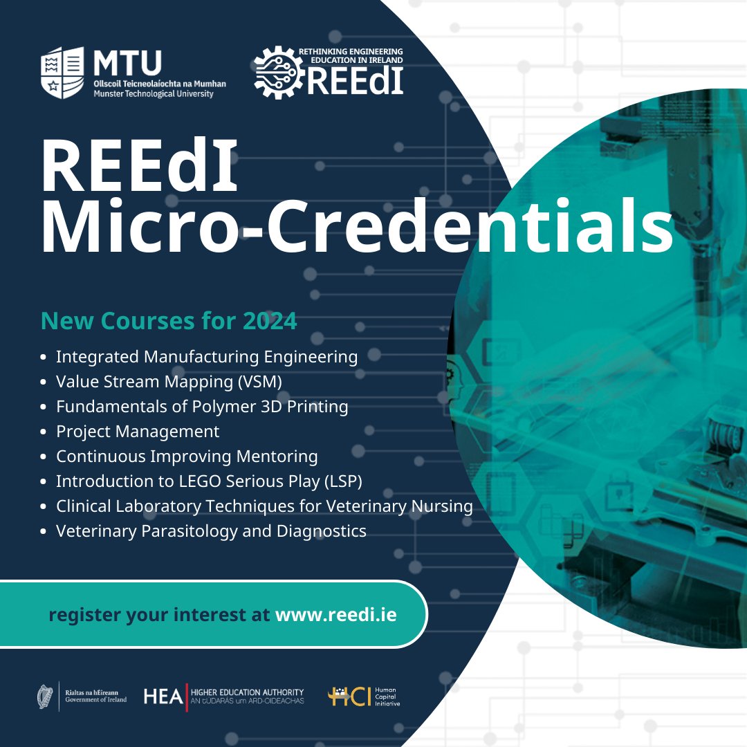 The REEdI Team at MTU_ie are excited to annouce a range of micro-creds starting in September🚀A majority are part of the HCI Pillar 3's Micro-Credential Learner Fee Subsidy, learners can avail of up to 80% funding➡️Visit reedi.ie/micro-credenti… for details & regiser your interest