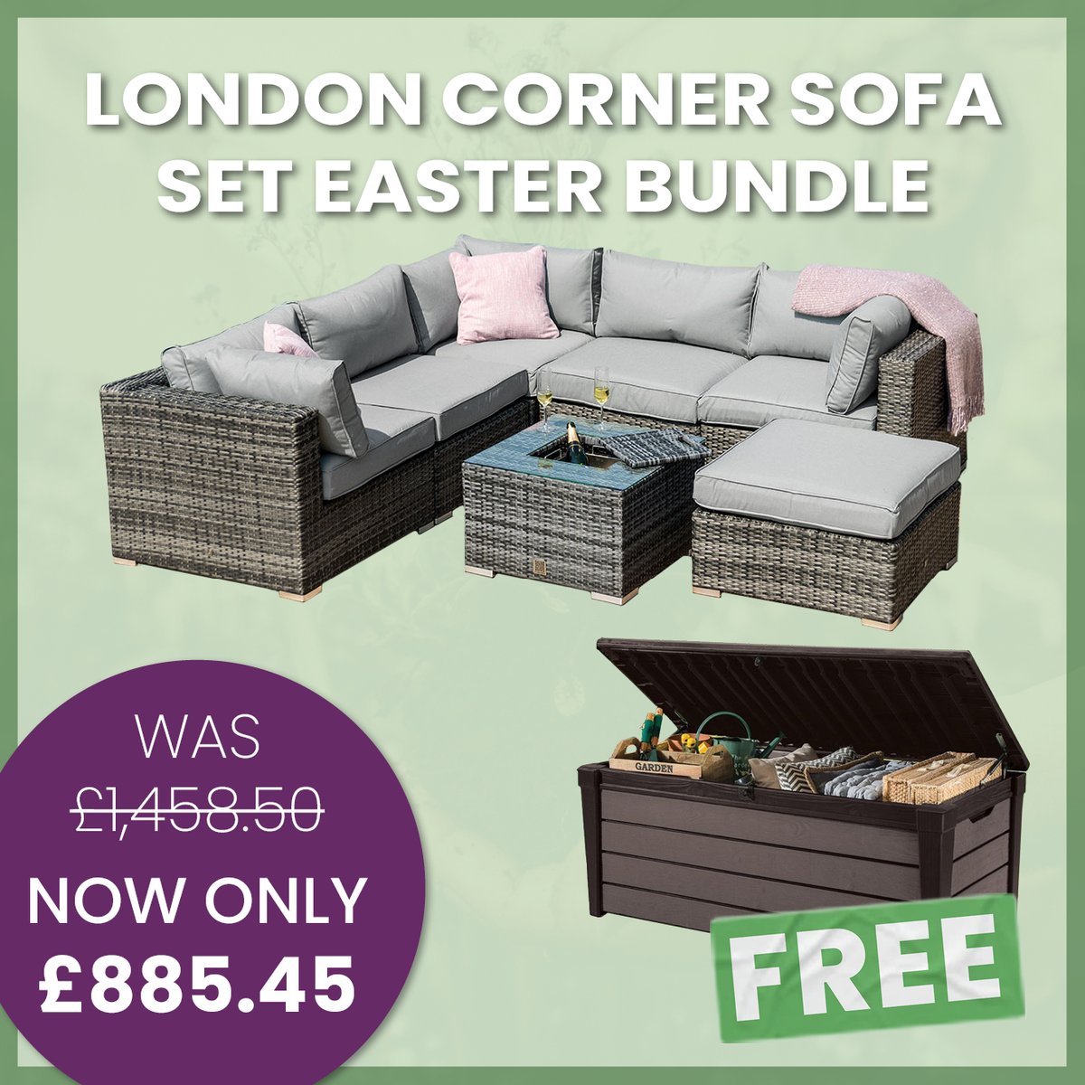 London Corner Sofa Set Easter Bundle 🐰

1x London Corner Sofa Set in Grey 
1x FREE Keter Brushwood 570L Storage Box

❌ WAS: £1,458.50
✅ NOW JUST: £885.45

Add This Bundle to Your Basket 🛒 
zurl.co/49EI 

#easter #garden #home #gardeninspo #gardenfurniture