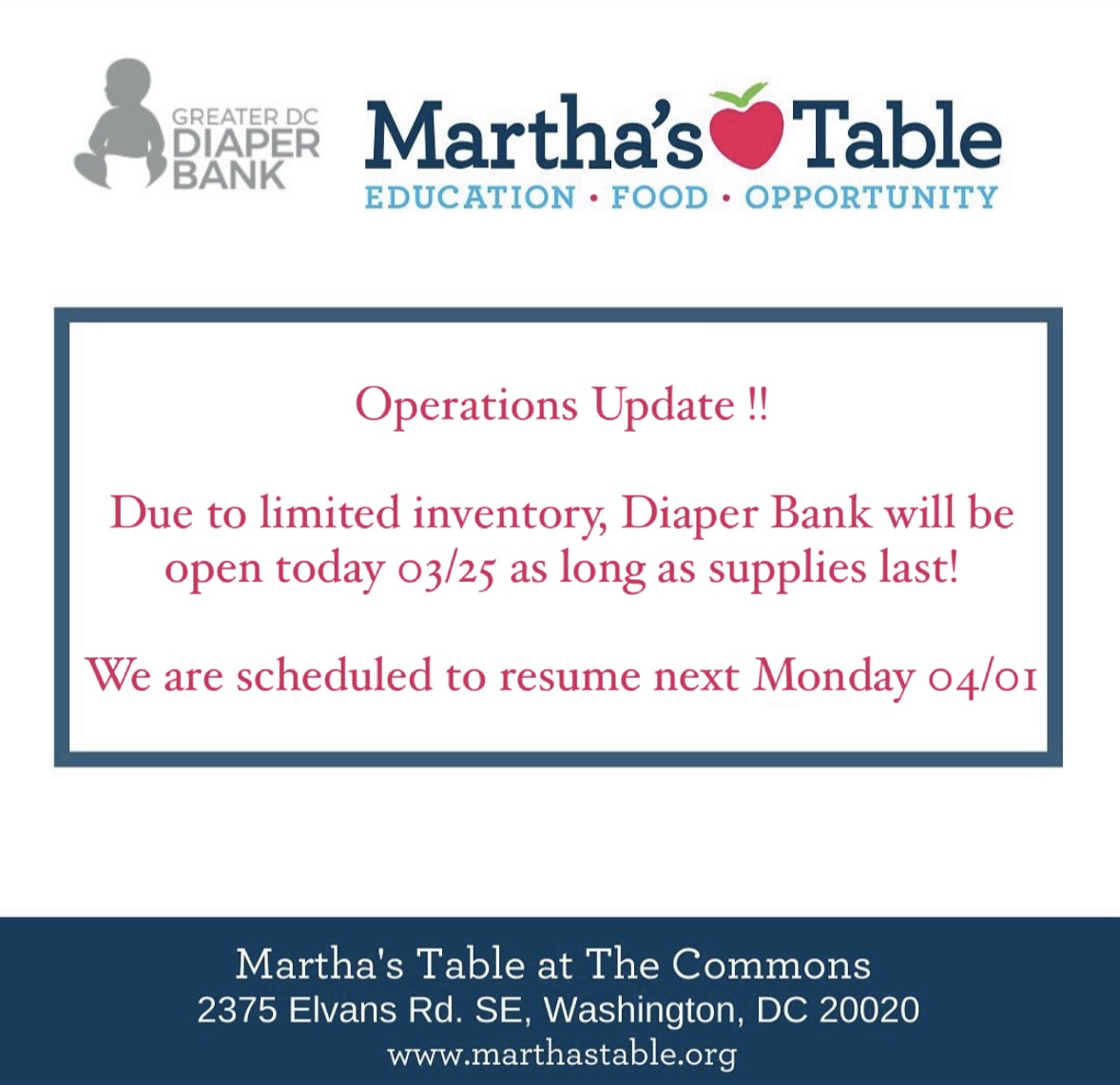 Operations Update! ❣️ Due to limited inventory, the Diaper Bank will be open as long as supplies last. We are scheduled to resume next Monday 04/01. #update #resources