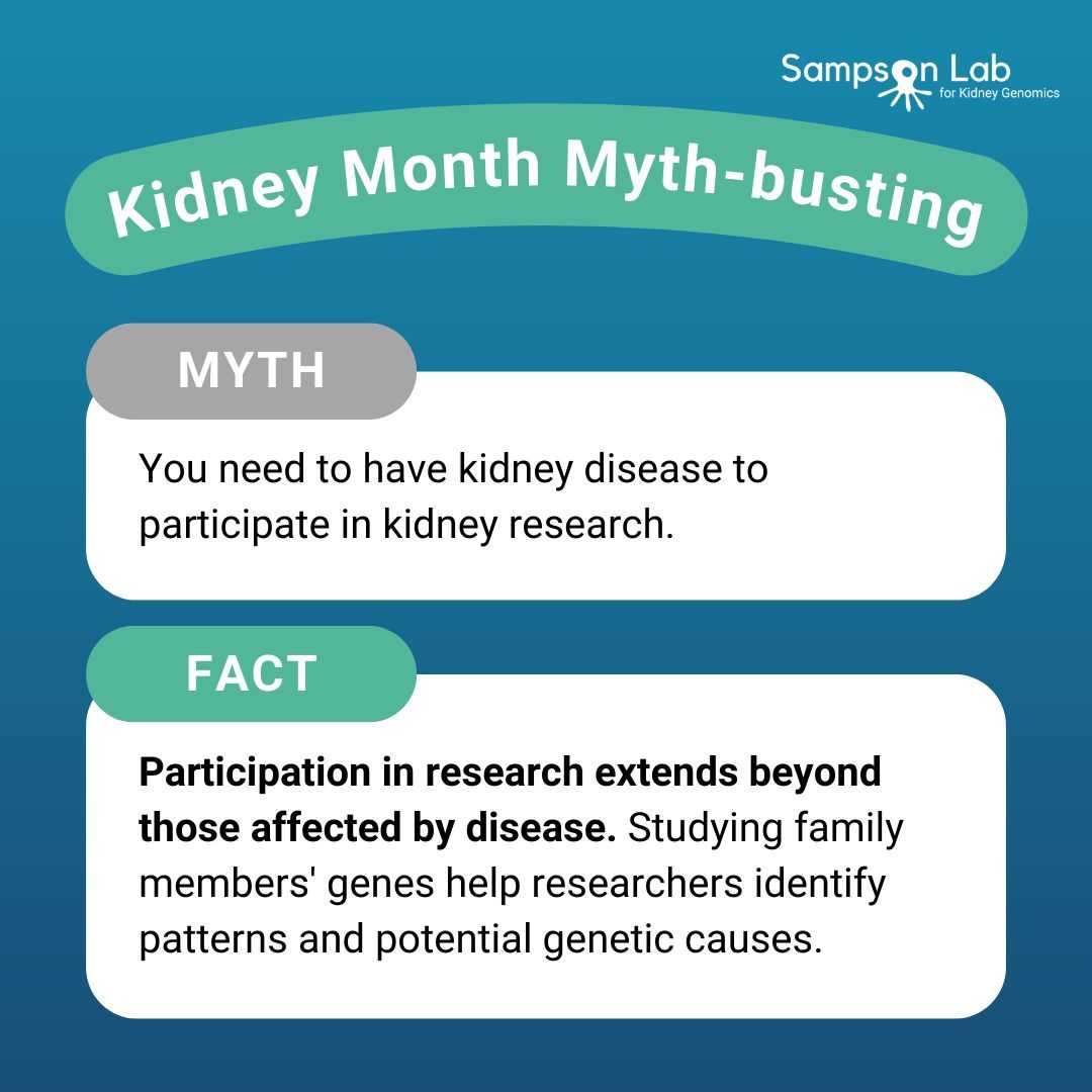 Kidney research welcomes everyone! Whether you have kidney disease or not, your participation is crucial. Family members’ genetic information helps identify patterns contributing to a deeper understanding of genetic factors. sampsonlab.org/get-involved