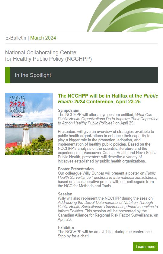 ✳️ 📢 March News from the @NCCHPP: 🙋‍♀️🙋We will be at Public Health 2024 #PHSP24 @CPHA_ACSP and the Lalonde@50 Conference @ihsp_mcgill ⚜️ New presentation on collaboration with Québec municipalities 🚩 Read our e-Bulletin here: ow.ly/uyGO50R1gOU~~