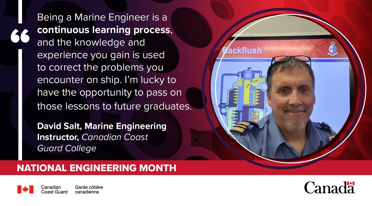 Let’s continue celebrating #NationalEngineeringMonth! This time, we’re putting a spotlight on Marine Engineering Instructor, David Salt from the @CCGCollege! Let’s find out what he thinks is most interesting about being an engineer!⬇️
