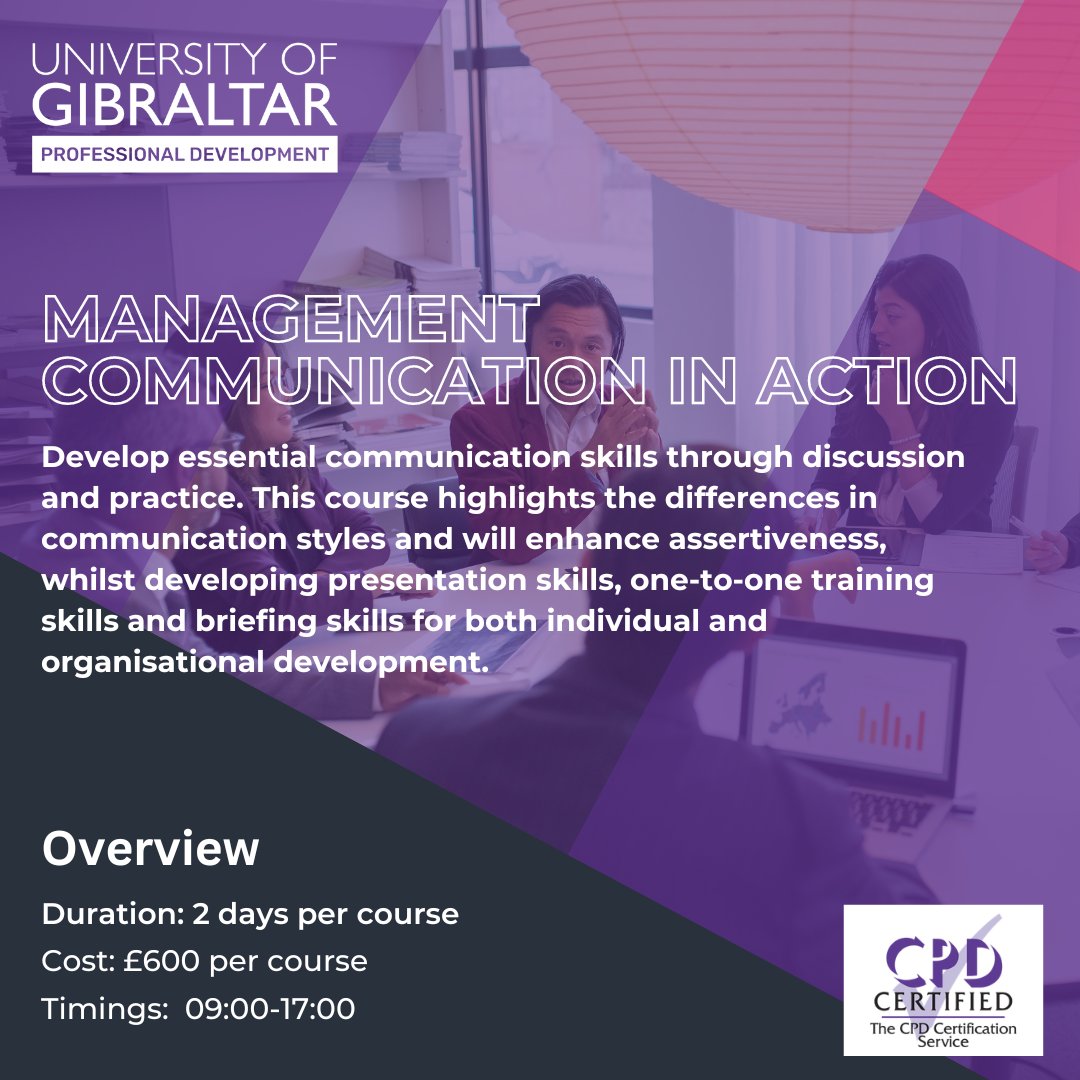 ⏰ Applications closing soon for our Management Communication in Action short course! Find out more here: unigib.edu.gi/professional-d… #UniversityofGibraltar #ProfessionalDevelopment #CPD #Management