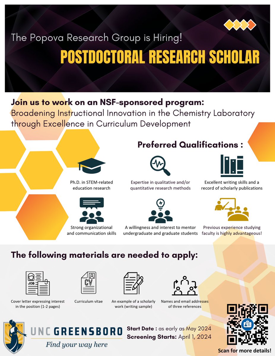 Job opportunity alert! 🌟 We're looking for an enthusiastic postdoc to join our team on a new NSF-funded project 🚀 For details and application instructions, scan the QR code or click the link below. Your retweets are greatly appreciated! 🔄spartantalent.uncg.edu/postings/28646