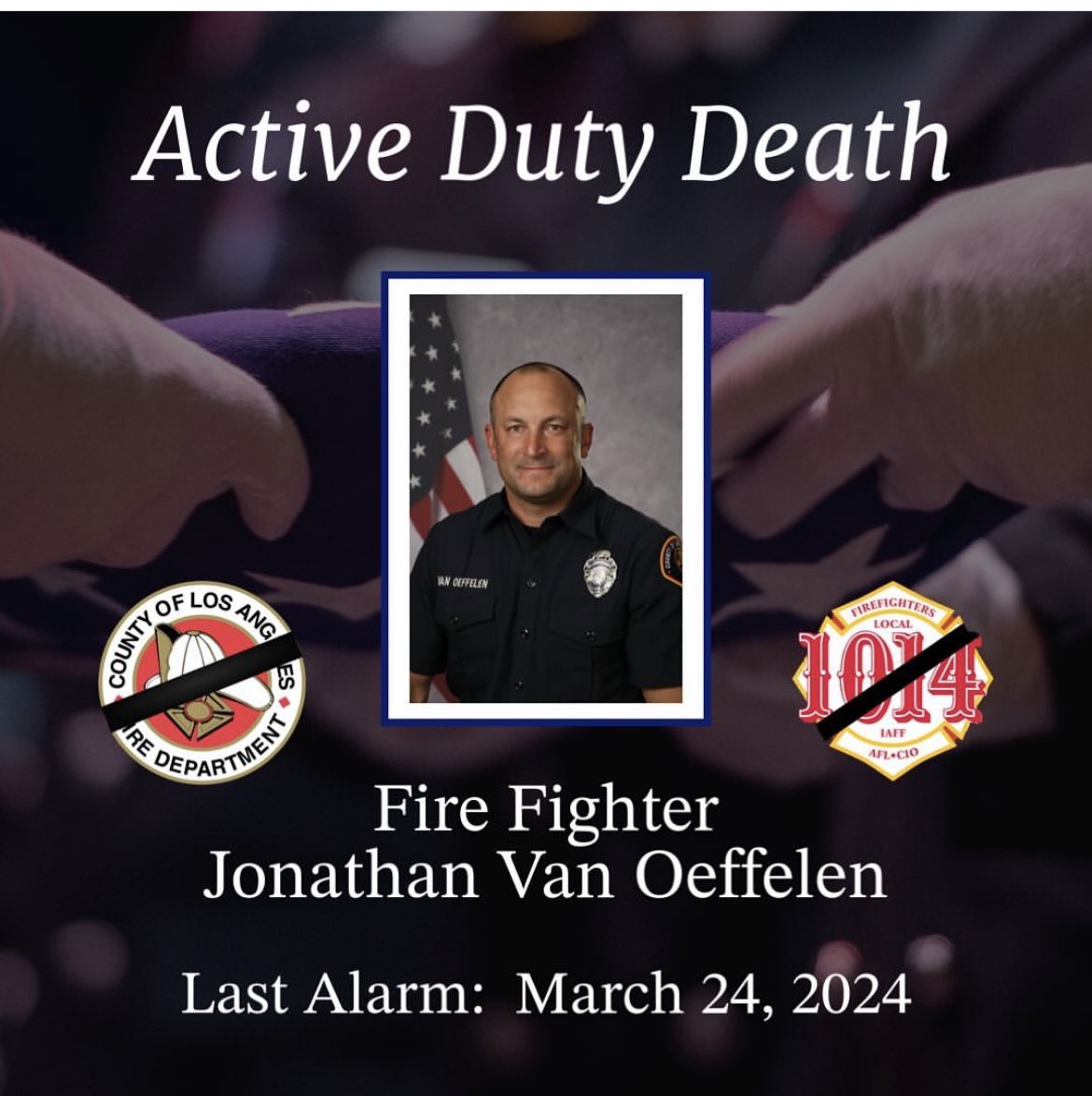 My prayers are with the members of our LA County Fire Department and the family and friends of Fire Fighter Jonathan Van Oeffelen. Fire Fighter Van Oeffelen was stationed at Fire Station 52 and worked everyday to protect the City of Vernon.