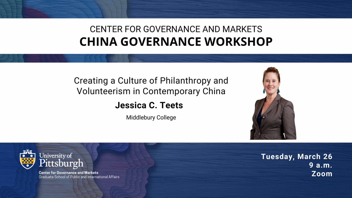 Tomorrow: Jessica C. Teets, Middlebury College, will discuss Liability Aspects of Using Artificial Intelligence in Healthcare as part of our as part of our China Governance Workshop. 📅 Tues., Mar 26 ⏰ 9 a.m. ET 🖥️ Zoom Only Register ⤵️ pitt.zoom.us/meeting/regist…
