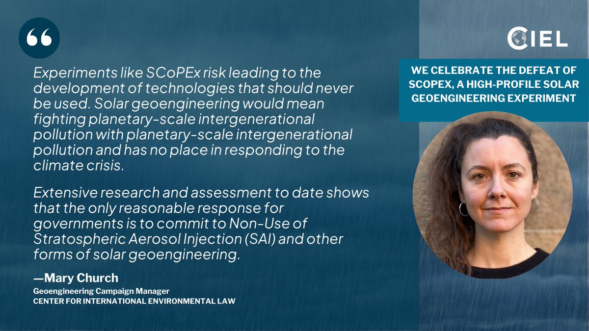 ciel_tweets's tweet image. 🥳#GoodNewsMonday🥳

Just 3 weeks after Global South countries successfully blocked a dangerous push to legitimize solar geoengineering at #UNEA6, we celebrate the defeat of the high-profile solar geoengineering experiment #SCoPEx.

READ 👉geoengineeringmonitor.org/2024/03/home-s…

A 🧵👇
[1/5]