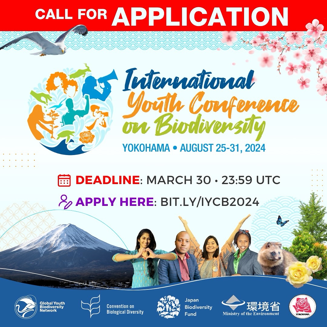 🌿Only a few days left to apply for the International Youth Conference on Biodiversity (IYCB). Apply now: bit.ly/IYCB2024 Deadline: March 30, 2024 More informationℹ️: lnkd.in/dYRg9Rsj #YCB2024 #YouthIntoAction #Youth4Biodiversity #AfricanYouth4Biodiversity