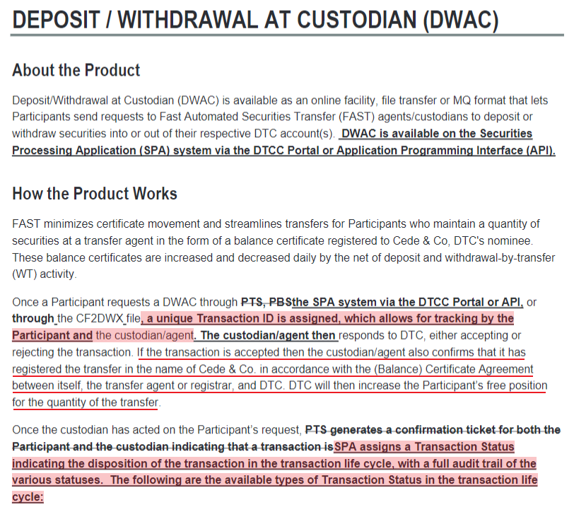 Thursday the DTC makes the change from the FAST Securities Transfer system to the new SPA system, where a unique transaction ID will be assigned for tracking. I can only assume this is in preparation for T+1 and the CAT (Consolidated Audit Trail) going live at the end of May.