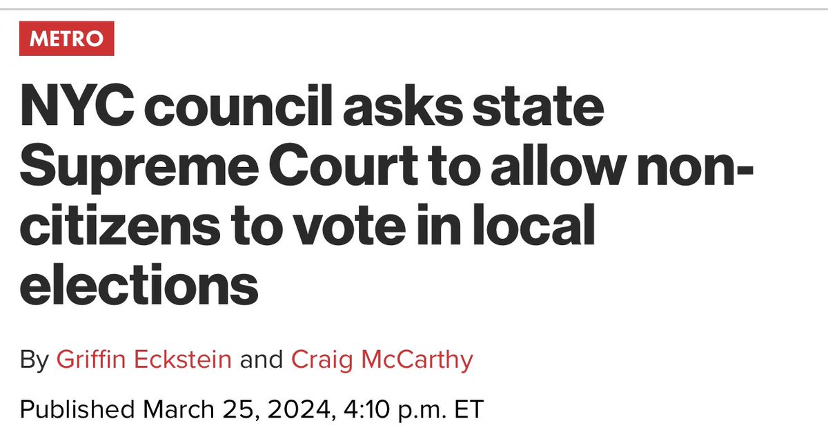 robbystarbuck's tweet image. Too many still don’t understand that the Democrats are literally fighting to give "non-citizens" the right to vote.

Their goals couldn’t be more clear.

The New York City Council is literally asking for the NY State Supreme Court to allow "non-citizens" to vote in NYC. They want…