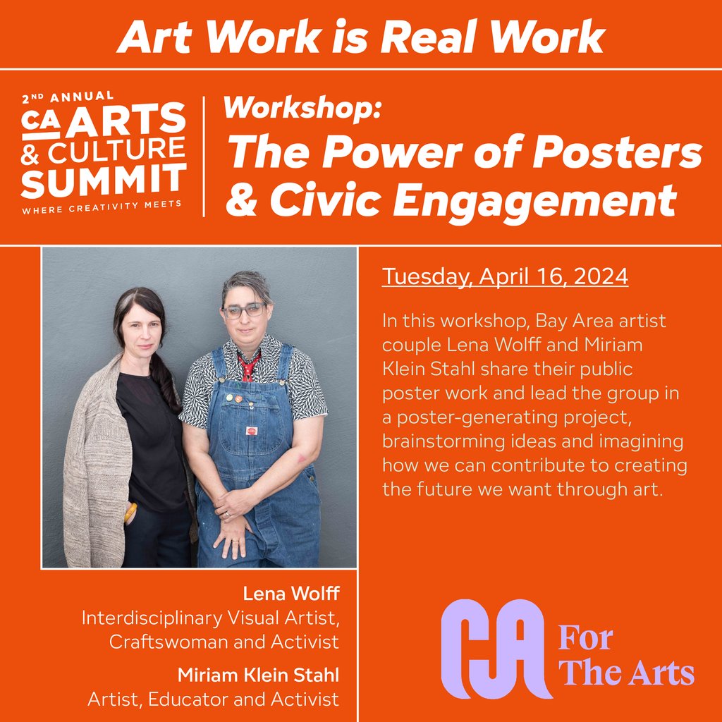 🎨Don't miss the CA Arts & Culture Summit for our workshop breakout sessions to tap into your creative side! Join Bay Area artist couple Lena Wolff and Miriam Klein Stahl for “The Power of Posters & Civic Engagement”. Visit: bit.ly/ca-arts-cultur… #ACCM2024 #ArtWorkisRealWork