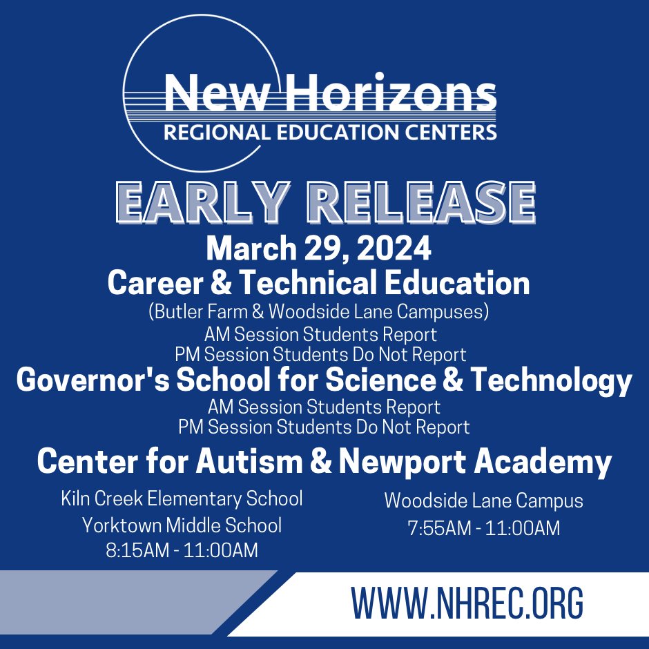 March 29th, 2024 is an Early Release for all New Horizons Campuses.