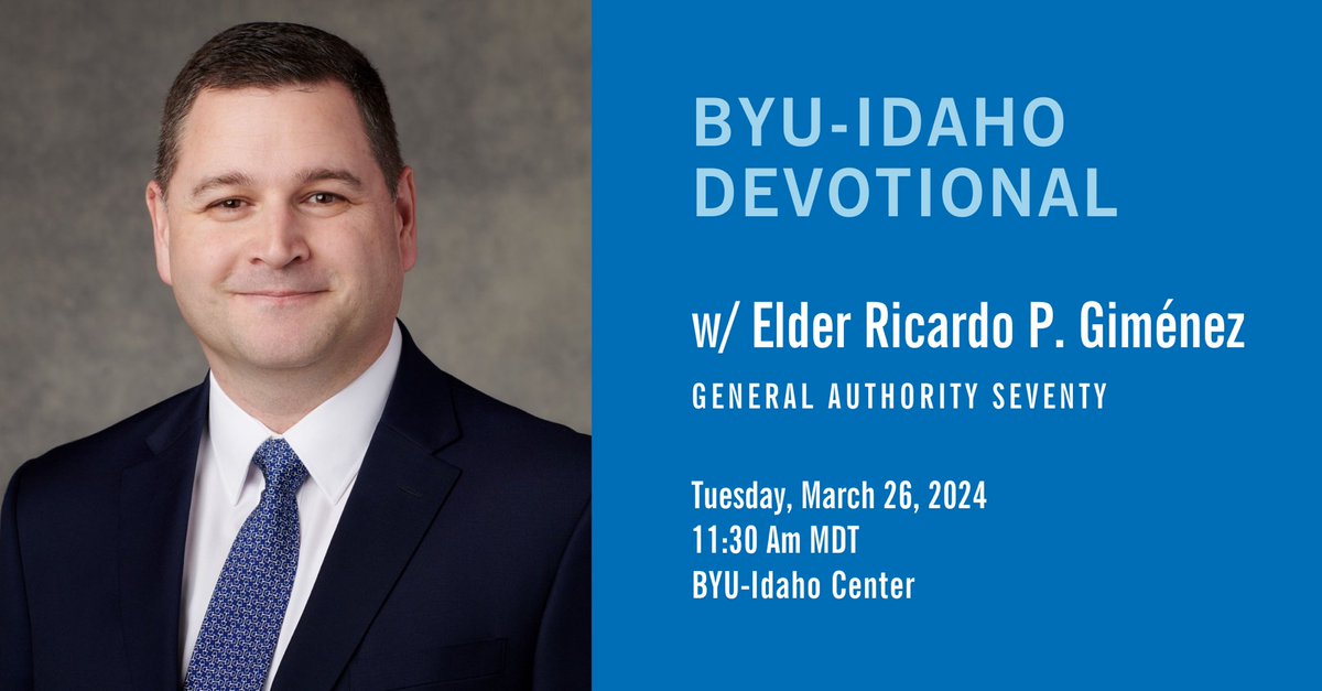 byuidaho's tweet photo. Join us tomorrow at 11:30 a.m. MDT in the I-Center or watch the livestream at https://t.co/HCoGSUfCcc for a #BYUIdevo with Elder Ricardo P. Giménez, General Authority Seventy.
#byui #byuidaho #devodesignedforyou https://t.co/EuENhvo3sx