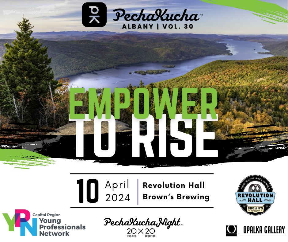 PechaKucha Volume 30, Empower to Rise an evening of stories focused on mentorship. YPN is hosting PechaKucha in partnership with The Opalka Gallery and Russell Sage College at Brown's Revolution Hall on April 10! See Speakers & Register here: buff.ly/3x7cDT3