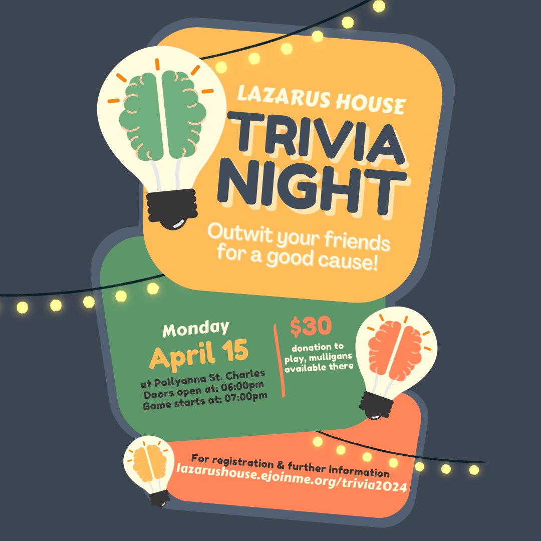 There is still time to save some spots for you and friends! Support your local community while having a great time testing your knowledge at <a href="/PollyannaBrewCo/">Pollyanna Brewing</a>. Head over to lazarushouse.ejoinme.org/Trivia2024 to RSVP!